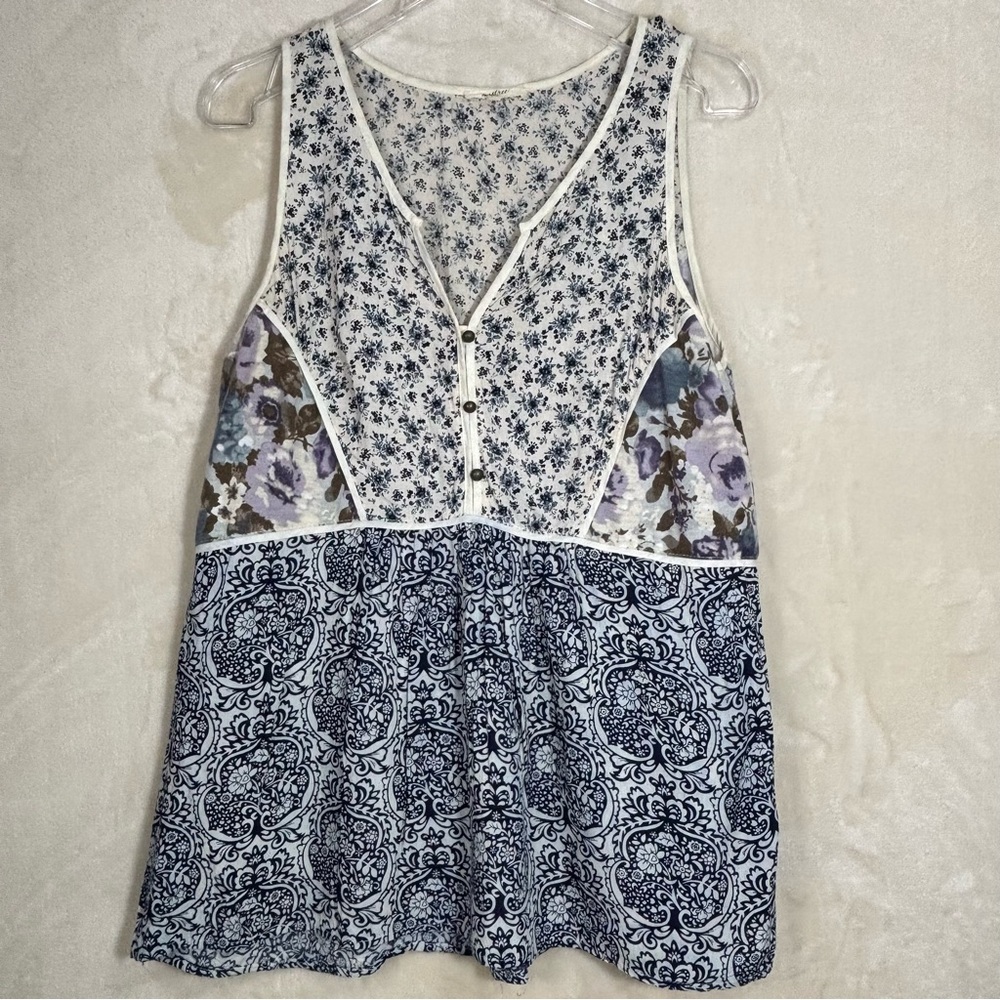 Mystree Women’s Mixed Floral Romantic Cottagecore Patchwork V-Neck Tank Size L